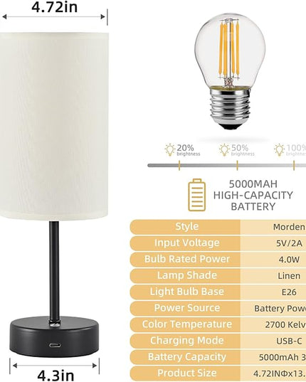 Cordless Table Lamp, Built-in 5000mAh Fast Rechargeable Table Lamp Cordless,Stepless Dimmable Battery Powered Lamp, Wireless Lamp with Memory Function, Lasting 140+H,Black - LeafyLoom