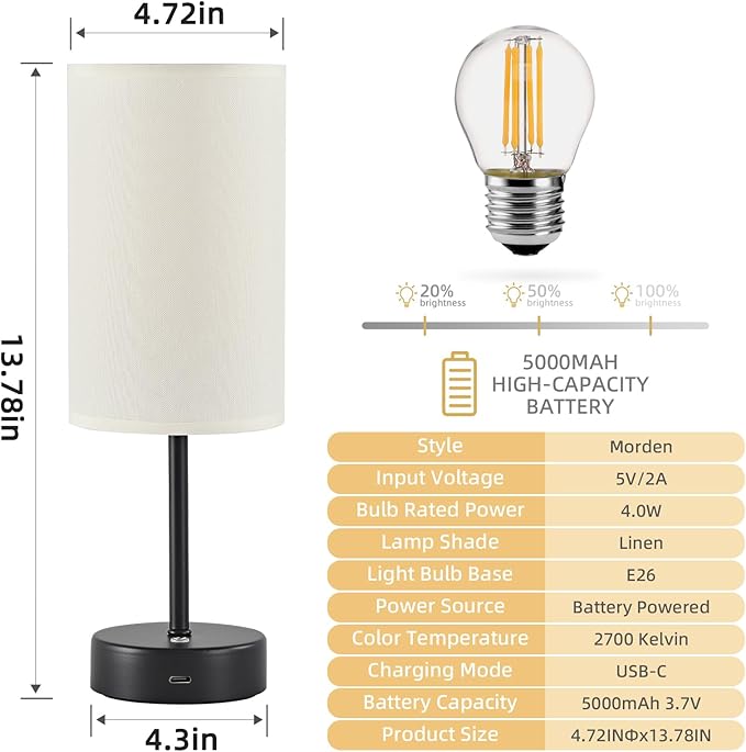 Cordless Table Lamp, Built-in 5000mAh Fast Rechargeable Table Lamp Cordless,Stepless Dimmable Battery Powered Lamp, Wireless Lamp with Memory Function, Lasting 140+H,Black - LeafyLoom