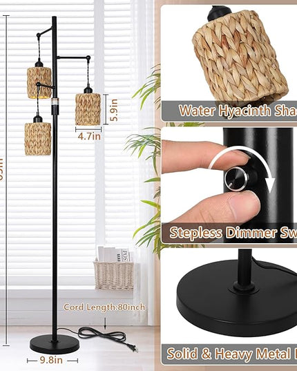 Rattan Floor Lamp, 3-Lights Boho Floor Lamp with Stepless Dimmer, Farmhouse Rustic Floor Lamps for Living Room, Tall Floor Lamp with Rattan Shades, Dimmable Standing Lamp for Bedroom - LeafyLoom