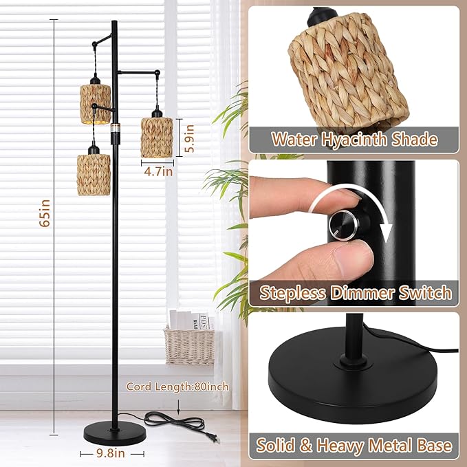 Rattan Floor Lamp, 3-Lights Boho Floor Lamp with Stepless Dimmer, Farmhouse Rustic Floor Lamps for Living Room, Tall Floor Lamp with Rattan Shades, Dimmable Standing Lamp for Bedroom - LeafyLoom