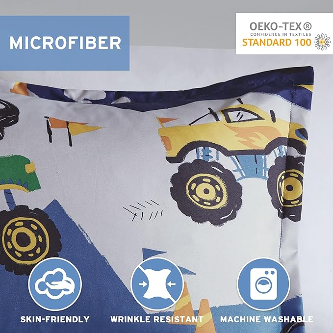 Mi Zone Kids Queen Comforter Set for Boys 4 Piece Monster Truck Comforter Set, Queen Bedding Set, Teen Microfiber Bed Set, Matching Shams, Embroidered Truck Throw Pillow, Full/Queen, Blue - LeafyLoom
