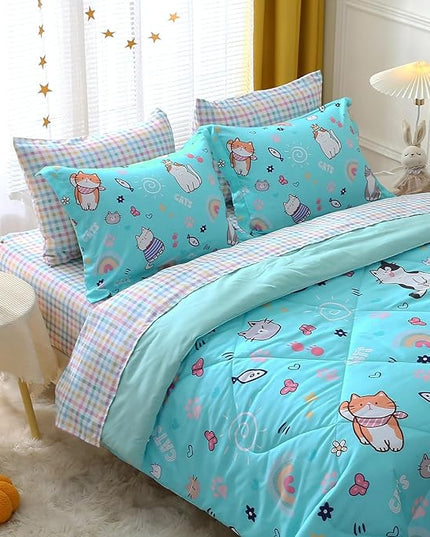 Cute Kids Cat Comforter Set Full Size 7 Piece Blue Rainbow Star Sun Heart Bed in A Bag Kawaii Animal Butterfly Fish Bedding Set for Girls Boys Teens Super Soft All Season - LeafyLoom