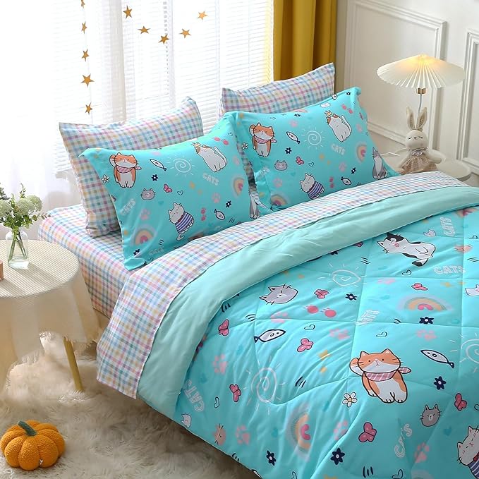 Cute Kids Cat Comforter Set Full Size 7 Piece Blue Rainbow Star Sun Heart Bed in A Bag Kawaii Animal Butterfly Fish Bedding Set for Girls Boys Teens Super Soft All Season - LeafyLoom