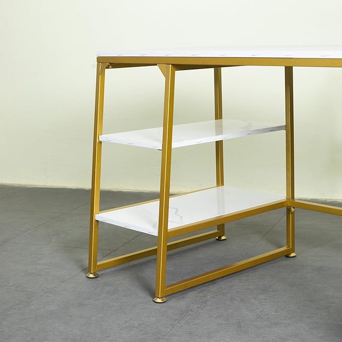 CIVANA Metal Office Desk，43 Inch Small Study Desk,Gold Office Desk with 2 Tier Storage Space，Computer Desk Modern Simple Style，Sturdy Writing Workstation for Home & Office，White Marble + Gold Leg - LeafyLoom