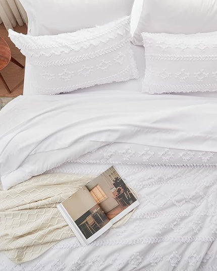 Anluoer Twin Comforter Set 5 Pieces, White Tufted Bed in a Bag with comforters and sheets, All Season Bedding Sets with 1 Comforter, 1 PillowShams, 1 Pillowcases, 1 Flat Sheet, 1 Fitted Sheet - LeafyLoom