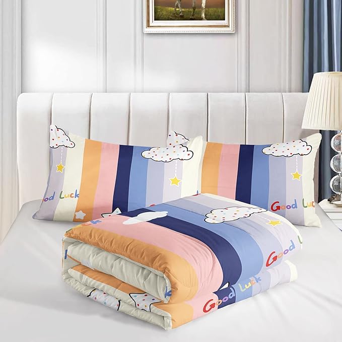 Datura home Cloud Stylish Comforter Bedding Set for Kids Children,Boys and Girls coulorful Stripe with Dot Cute Sky Bedding Set with 1 Comforter and 2 Pillowcases(Cloud Twin) - LeafyLoom