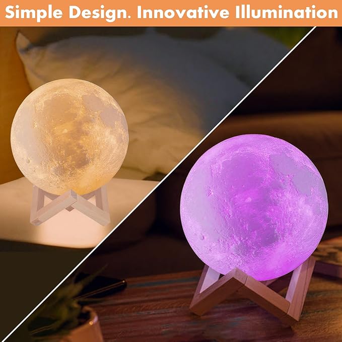CPLA 6.1 inch Moon Lamp 2024 Upgrade 128 Colors Room Decor Home Decor- 3D Printing Moon Night Light for Kids Adults- Gifts for Girls Boys Men Women Birthday- Wooden Stand & Remote/Touch Control - LeafyLoom