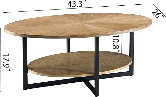 Solid Wood Oval Coffee Table with Cross Metal Legs, 43.3in Modern Industrail Center Table with Open Shelf Cocktail Tea Table for Living Room Bedroom, Rustic Nature 1811 - LeafyLoom