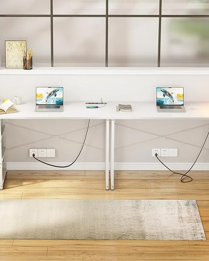 AODK Laptop Desk Office Desk, 48 Inch Computer Desk with Power Outlet and USB & Type-C Charging Port, Writing Desk with 3-Tier Reversible Storage Shelf for Home Office, 48'' x 16'', White - LeafyLoom