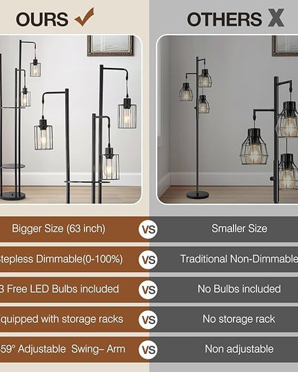 Dimmable floor lamp with table，Industrial Farmhouse Floor Lamp adjustable Angle，3 Light Rustic Standing Tall Lamp for living room, bedroom and office （bulbs included） - LeafyLoom