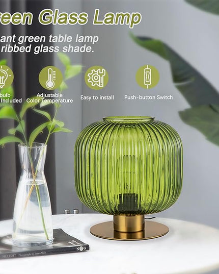 Small Table Lamp Elegant Green Glass Bedside Lamp with Ribbed Glass Shade Decorative End Table Lamp for Bedroom Tabletop Corner Shelf (Green) - LeafyLoom
