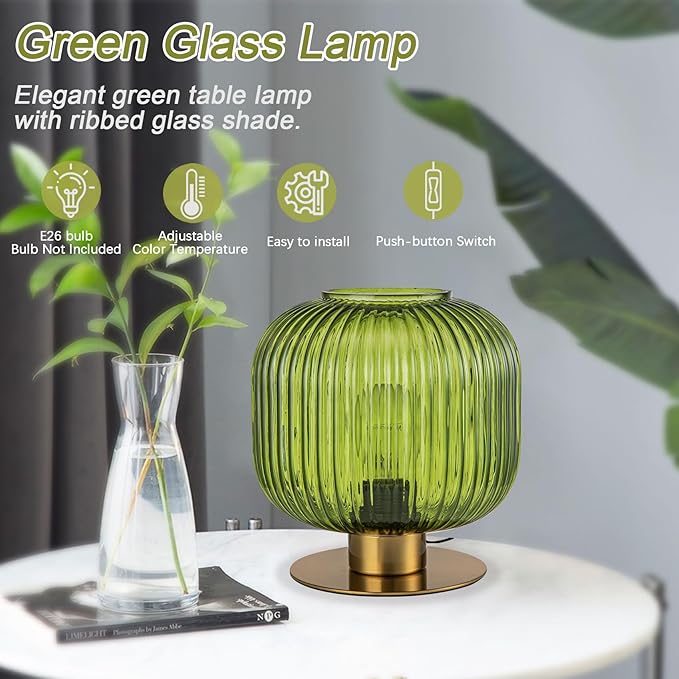 Small Table Lamp Elegant Green Glass Bedside Lamp with Ribbed Glass Shade Decorative End Table Lamp for Bedroom Tabletop Corner Shelf (Green) - LeafyLoom