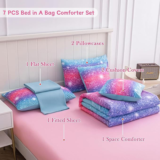 Twin Comforter Set for Girls Galaxy Bedding 7pieces, Ombre Bedding Comforter Sets Rainbow Comforter, Glitter Bedding Twin Teen Comforter Sets for Girls (Blue) - LeafyLoom