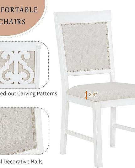 5-Piece Retro Dining Set with Rectangular Symmetrical Arc Pattern Design Wooden Table and 4 Upholstered Chairs, Kitchen Dinette Furniture for Living Room, Home Bar, Brown+White+Beige - LeafyLoom