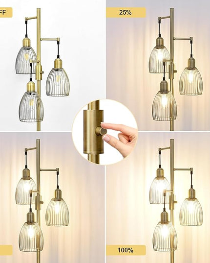 Dimmable Floor Lamp, Industrial Floor Lamps for Living Room, Antique Brass Tree Lamp Standing Lamp Tall Lamps with 3 Elegant Teardrop Cage Head & 800 Lumens LED Bulbs for Living Room Bedroom Office - LeafyLoom