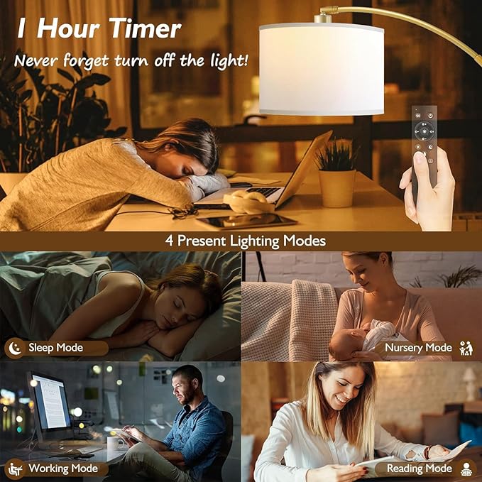Arc Floor Lamps for Living Room, Modern Remote Control Standing FLamp with Stepless Dimmable, Gold Tall Lamp with White Drum Shade,Over Couch Arched Reading Light for Bedroom, Office(Bulb Included) - LeafyLoom