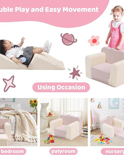 3-in-1 Toddler Chair Comfy Kids Sofa Chair,Toddler Couch Fold Out with Folding Ottomans,Foldable Baby Couch for Girls and Boys,Convertible Kids Chair Cozy to Lounger Pull Out for Playroom,Beige Pink - LeafyLoom