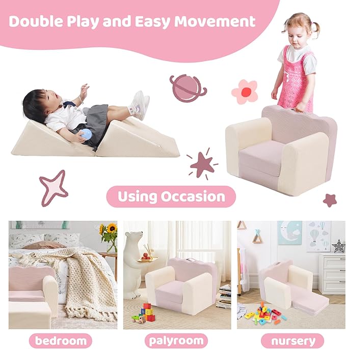3-in-1 Toddler Chair Comfy Kids Sofa Chair,Toddler Couch Fold Out with Folding Ottomans,Foldable Baby Couch for Girls and Boys,Convertible Kids Chair Cozy to Lounger Pull Out for Playroom,Beige Pink - LeafyLoom