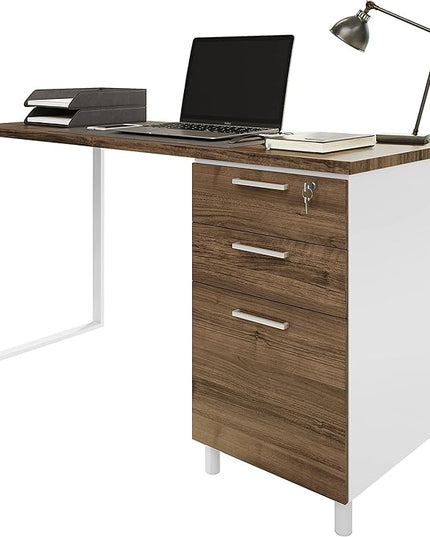 Milano Home Office Desk - 47Inch Cass walnut/white Home Office Desk with Drawers - Modern Computer Desk with Storage, Detachable & Lockable Computer Cabinet - Wooden Office, Study, and Writing Table - LeafyLoom