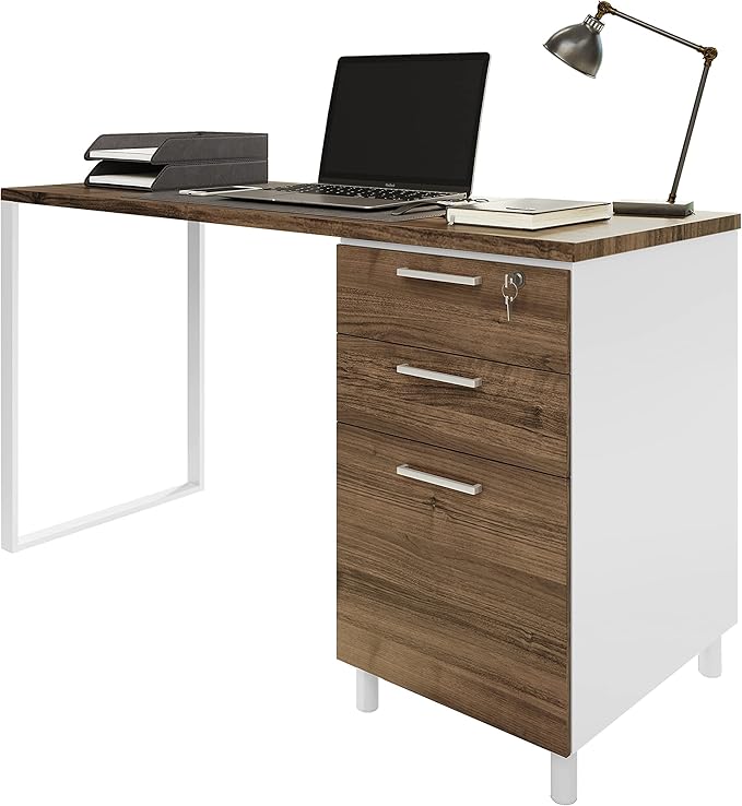 Milano Home Office Desk - 47Inch Cass walnut/white Home Office Desk with Drawers - Modern Computer Desk with Storage, Detachable & Lockable Computer Cabinet - Wooden Office, Study, and Writing Table - LeafyLoom