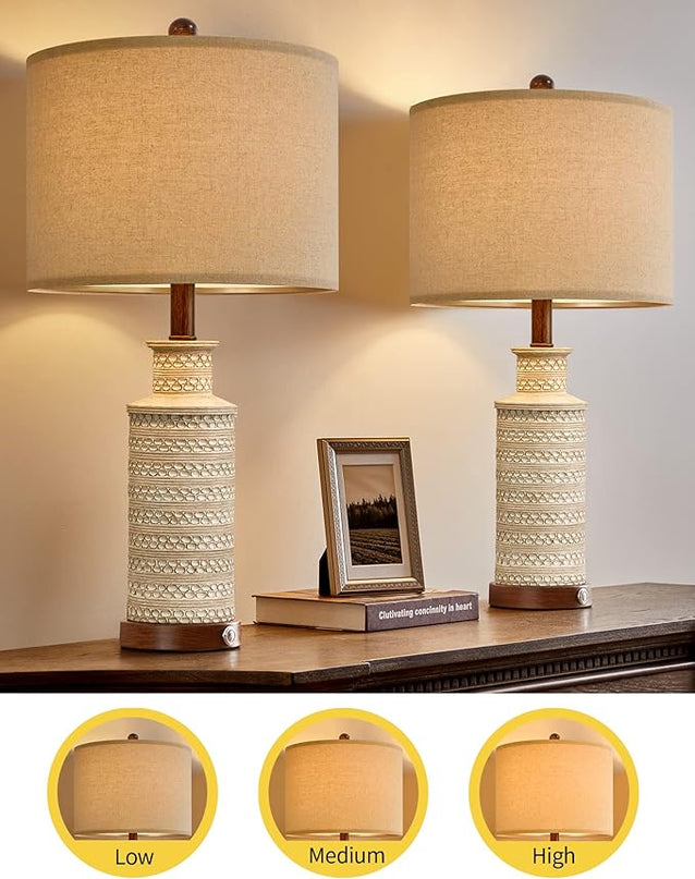 BOBOMOMO 24.5'' 3-Way Dimmable Touch Control Table Lamp Set of 2 with Dual USB Charging Ports for Bedroom Living Room Vintage Rustic Farmhouse Traditional Nightstand Bedside Lamps(Bulbs Included) - LeafyLoom