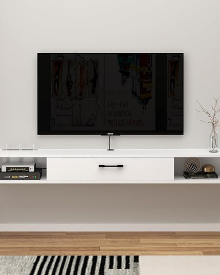 Floating TV Unit, 47'' Wall Mounted TV Cabinet, Floating Shelves with Door, Modern Entertainment Media Console Center Large Storage TV Bench for Living Room & Office (47.24IN, White) - LeafyLoom