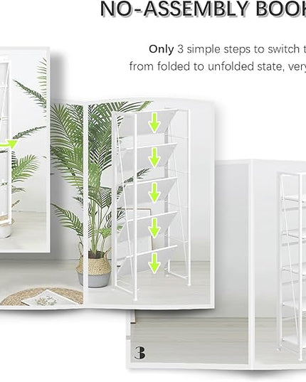 4NM No-Assembly Folding Bookshelf Storage Shelves 5 Tiers with 2 Drawers Vintage Bookcase Standing Racks Study Organizer Home Office (All White) - LeafyLoom