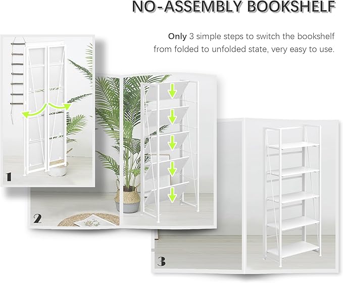 4NM No-Assembly Folding Bookshelf Storage Shelves 5 Tiers with 2 Drawers Vintage Bookcase Standing Racks Study Organizer Home Office (All White) - LeafyLoom