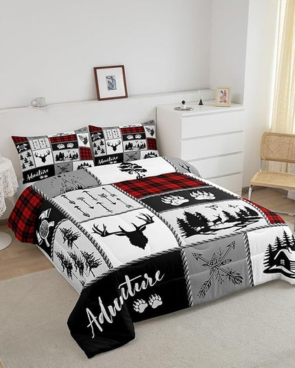 Deer Antlers Comforter Set Queen Size,Bear Paws Pine Trees Xmas Bedding Set for Kids Boys Girls Adults Room Decor,Lattices Patchwork Rustic Farmhouse Down Comforter,Red Duvet Insert,2 Pillowcases - LeafyLoom