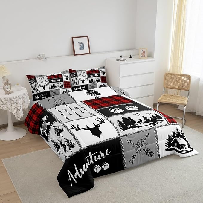 Deer Antlers Comforter Set Queen Size,Bear Paws Pine Trees Xmas Bedding Set for Kids Boys Girls Adults Room Decor,Lattices Patchwork Rustic Farmhouse Down Comforter,Red Duvet Insert,2 Pillowcases - LeafyLoom