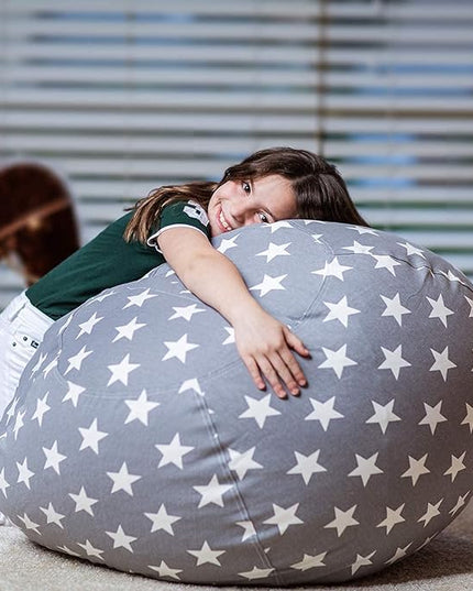 Wekapo Stuffed Animal Storage Bean Bag Chair Cover for Kids | Stuffable Zipper Beanbag for Organizing Children Plush Toys Large Premium Cotton Canvas (Grey Star, XX-Large) - LeafyLoom