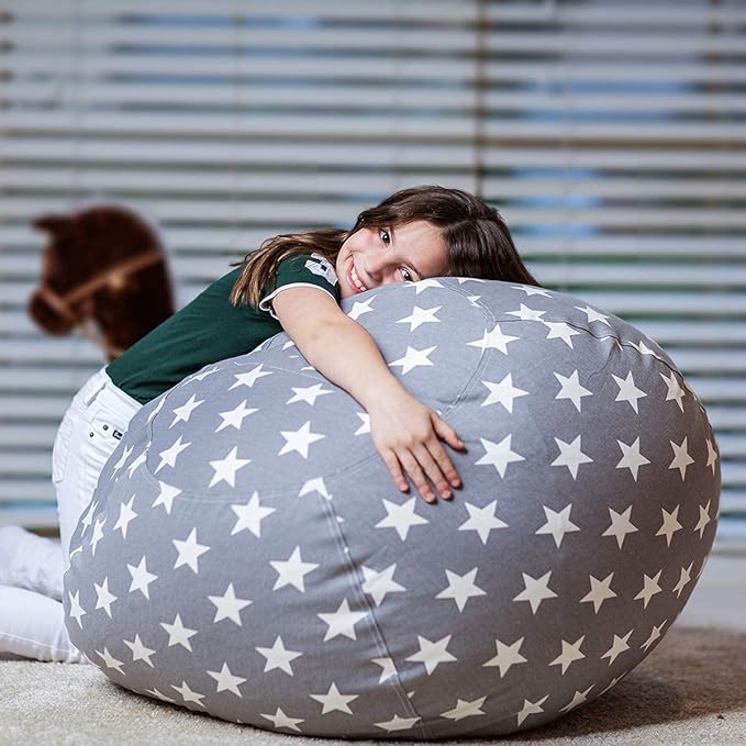 Wekapo Stuffed Animal Storage Bean Bag Chair Cover for Kids | Stuffable Zipper Beanbag for Organizing Children Plush Toys Large Premium Cotton Canvas (Grey Star, XX-Large) - LeafyLoom