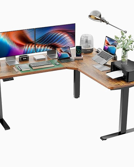 Marsail Corner Stand Up Desk Adjustable Height with 4-in 1 Electical Outlet, L Shaped Electric Standing Desk with Headphone Hook, Stand up Desk for Home Office Sturdy Writing Workstation Rustic - LeafyLoom