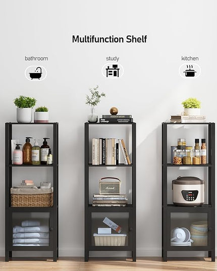 TUTOTAK 4 Tier Bookcase and Bookshelf, Narrow Book shelf with Door for Small Space, for Living Room, Office, Study, Entryway, Black BS03BK004 - LeafyLoom