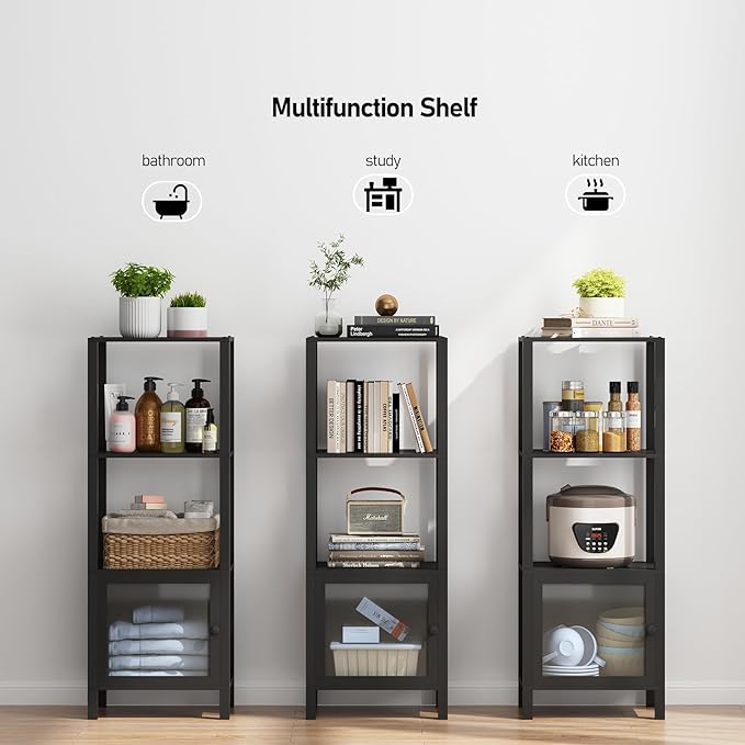 TUTOTAK 4 Tier Bookcase and Bookshelf, Narrow Book shelf with Door for Small Space, for Living Room, Office, Study, Entryway, Black BS03BK004 - LeafyLoom