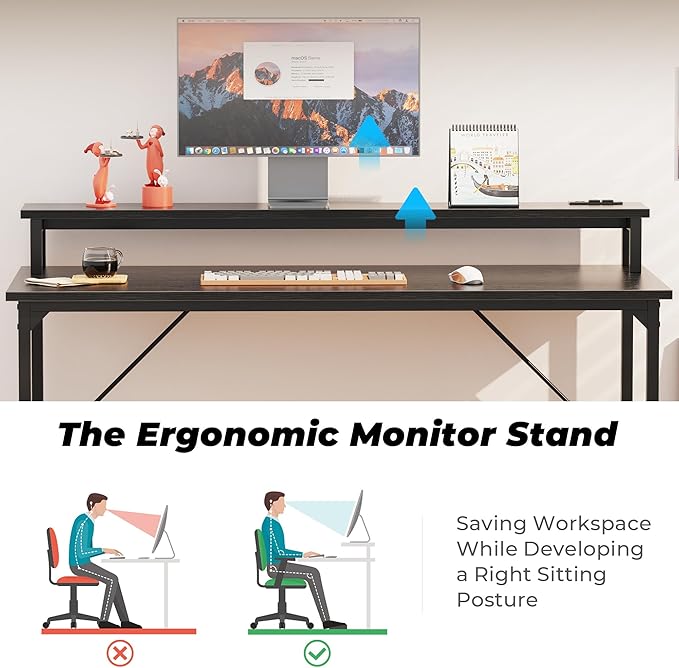 SUPERJARE 55 inch Computer Desk with LED Lights & Power Outlets, Gaming Desk with Monitor Shelf, Small Office Desk for Home & Office, Black - LeafyLoom
