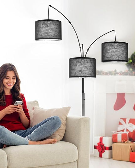 Dimmable Floor Lamp - 3 Lights Arc Floor Lamps for Living Room, 1000LM Modern Tall Standing Lamp With Black Shades & Heavy Base, Mid Century Tree Floor Lamp for Bedroom Office, 3 LED Bulbs Included - LeafyLoom