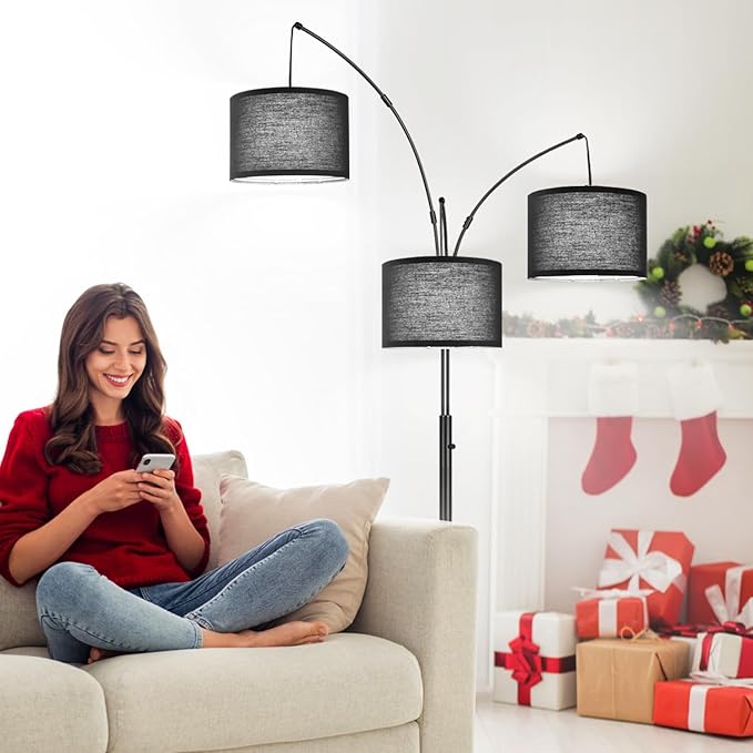 Dimmable Floor Lamp - 3 Lights Arc Floor Lamps for Living Room, 1000LM Modern Tall Standing Lamp With Black Shades & Heavy Base, Mid Century Tree Floor Lamp for Bedroom Office, 3 LED Bulbs Included - LeafyLoom