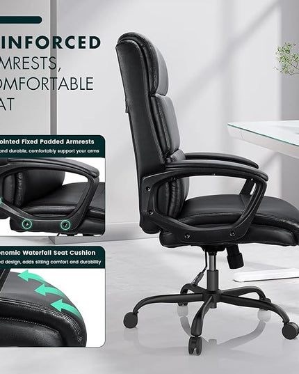 Leather Office Chair, Bonded Leather Executive Computer Chair, High Back Desk Chair with Padded Armrest, Thickened Cushion, Swivel Chair for Home, Meeting, Conference - Black - LeafyLoom