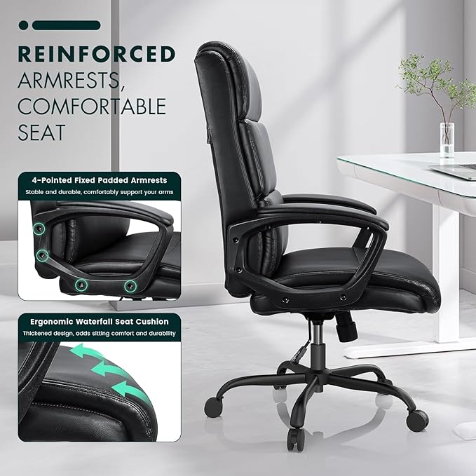 Leather Office Chair, Bonded Leather Executive Computer Chair, High Back Desk Chair with Padded Armrest, Thickened Cushion, Swivel Chair for Home, Meeting, Conference - Black - LeafyLoom
