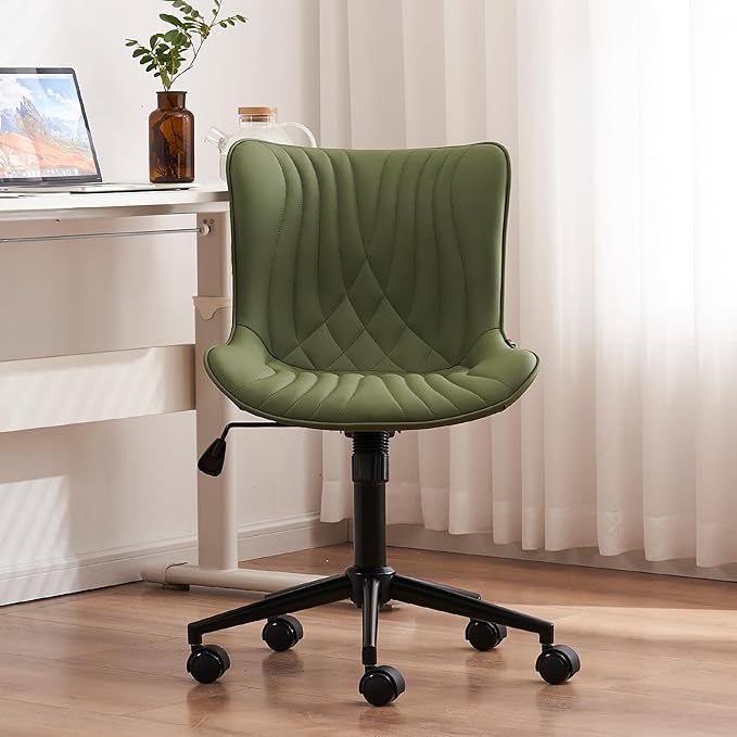 YOUTASTE Office Chair Armless Desk Chair Small Computer Swivel Rolling Chair with Wheels, Modern Upholstered PU Leather Computer Task Chair, Adjustable Home Office Desk Chairs, Olive Green - LeafyLoom
