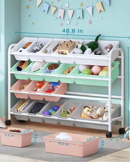 Kids Toy Storage Organizer with 20 Plastic Bins, 4-Tier Metal Toy Storage Rack, Extra Large Toy Organizer and Storage Bins for Kids Room, Playroom and Nursery, Multi-Color - LeafyLoom