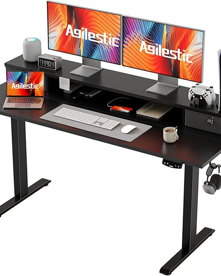 55 x 24 Inches Electric Standing Desk with 2 Storage Drawers, Stand Up Desk Adjustable Height, Sit and Stand Computer Table with Splice Board, Black - LeafyLoom