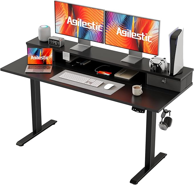 55 x 24 Inches Electric Standing Desk with 2 Storage Drawers, Stand Up Desk Adjustable Height, Sit and Stand Computer Table with Splice Board, Black - LeafyLoom
