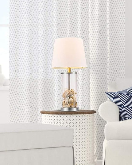 Globe Electric 67155 20" Fillable Table Lamp, Clear Glass and Steel Base, White Fabric Shade, Reading Light, Home Essentials, Bedroom, Nightstands, Room Décor, Dorm - LeafyLoom