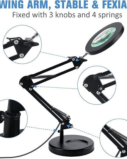 2-in-1 Magnifying Glass with Light and Stand, 5X Real Glass Lens, 3 Color Modes Stepless Dimmable, Magnifying Desk Lamp & Clamp, LED Lighted Magnifier for Repair, Reading, Crafts, Close Works - LeafyLoom
