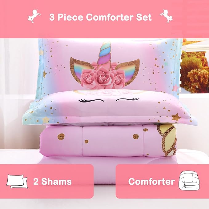 Unicorn Comforter Set Rainbow Soft Girls Unicorn Bedding with 1 Comforter 2 Pillowcases Pink Flower Unicorn Bedding Sets for Teens Girls Queen Size - LeafyLoom
