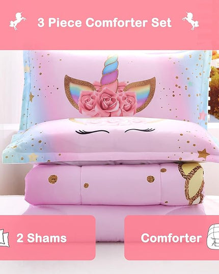 Unicorn Comforter Set Rainbow Soft Girls Unicorn Bedding with 1 Comforter 2 Pillowcases Pink Flower Unicorn Bedding Sets for Girls Twin Size - LeafyLoom