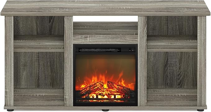 Furinno Jensen Fireplace TV Entertainment Center with Open Storage Compartment for TV up to 55 Inch, French Oak Grey - LeafyLoom