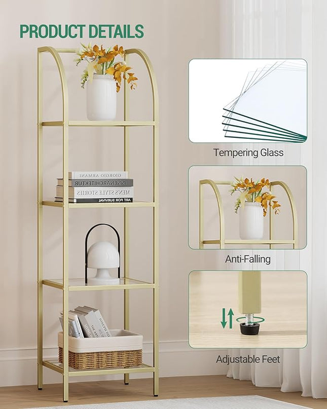 Bookcase Bookshelf, Tempered Glass Arched Bookshelf for More Storage, Slim Shelving Unit for Bedroom, Bathroom, Home Office, Steel Frame, 4 Tier Gold BC20499G - LeafyLoom